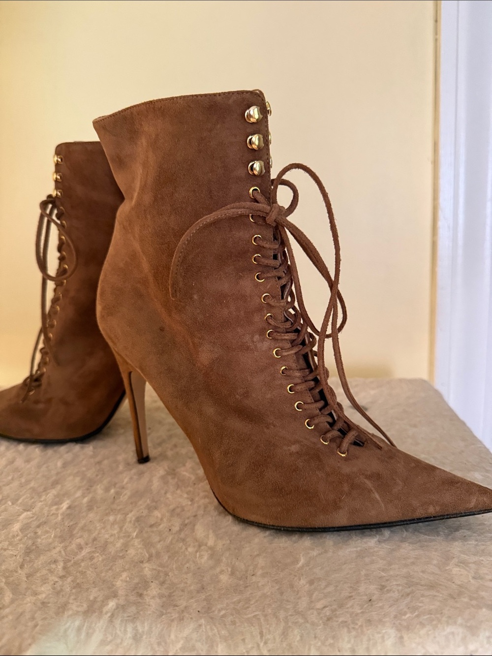 Sergio Rossi Women's Brown Suede Lace-Up Pointed Stiletto Ankle Boots